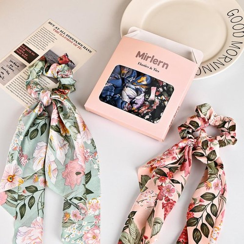 Mirlern 4-Piece Satin Hair Scarf Scrunchies for Women Girls, No Damage Cute Hair Ties with Bow Ribbons Ponytail Holders Elastic Rubber Bands (Lily)
