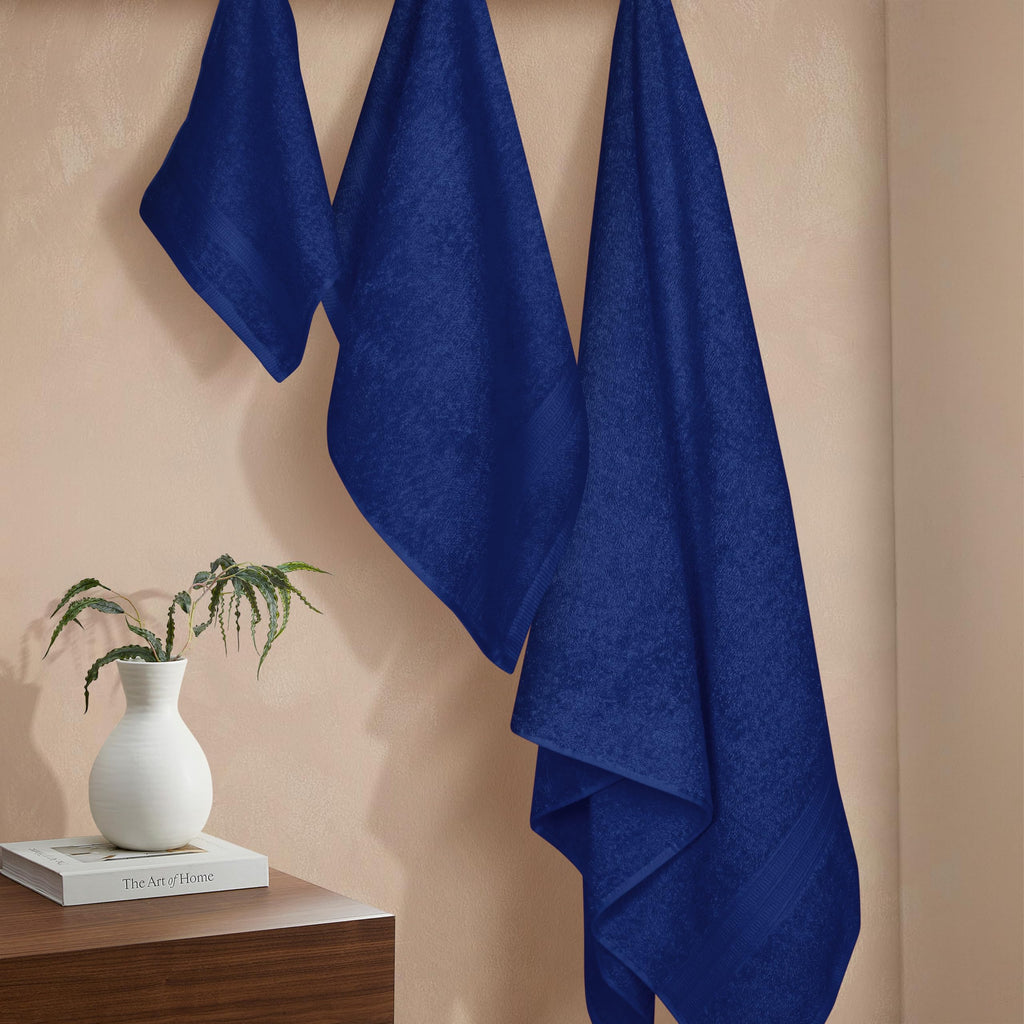 BOUTIQUO Ultra Soft 3 Pack Cotton Towel Set, Contains a Bath Towels 27x54 inch, a Hand Towels 16x24 inch & a Wash Coths 12x12 inch, Ideal Everyday use, Compact & Lightweight - Navy Blue
