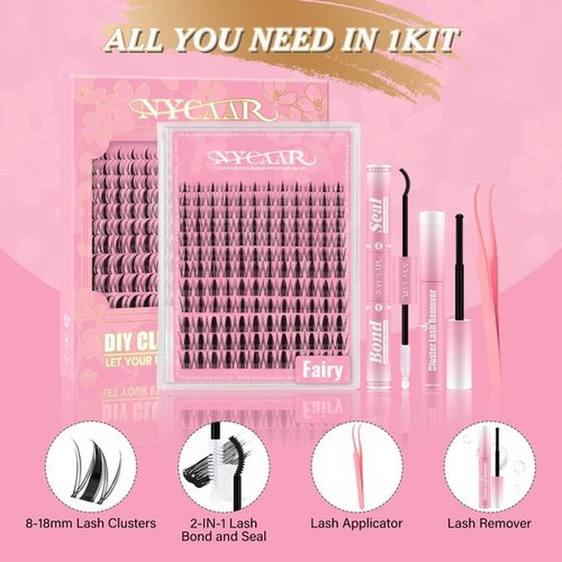 NYCAAR Fairy Lash Clusters Kit Spiky Manga Lash Clusters D Curl 144Pcs 8-18mm Lash Extension Kit Wispy Invisible Band Lashes Kit with Bond and Seal,Remover,Applicators DIY at Home(Fairy)