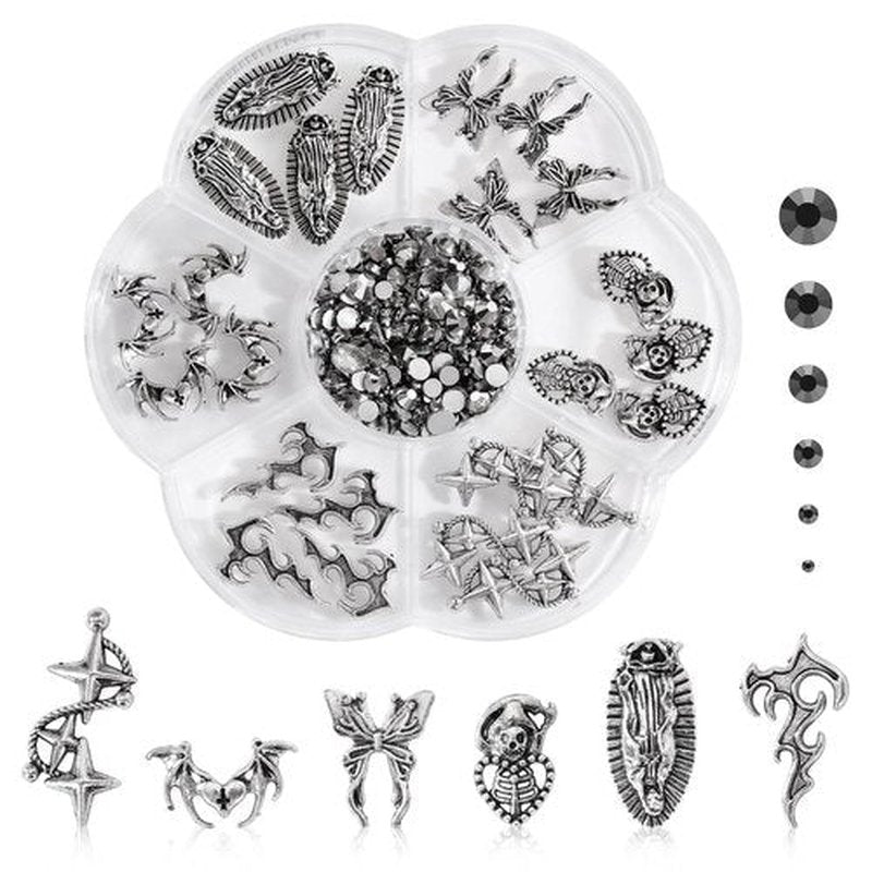 125PCS 3D Cross Bat Nail Charms, 3D Chrome Metal Sliver Nail Art Charm, Vintage Gothic Retro Punk Butterfly Hearts, Mixed for Manicure Craft DIY Nail Art Decoration Accessories A