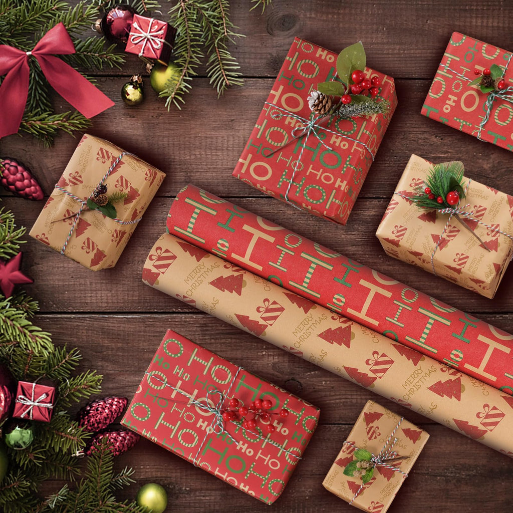 AhfuLife 2 Rolls Christmas Wrapping Paper - 17 Inch × 49.2 Feet Per Roll, Recyclable Red Brown Kraft Xmas Wrapping Paper for Gift Box Decoration