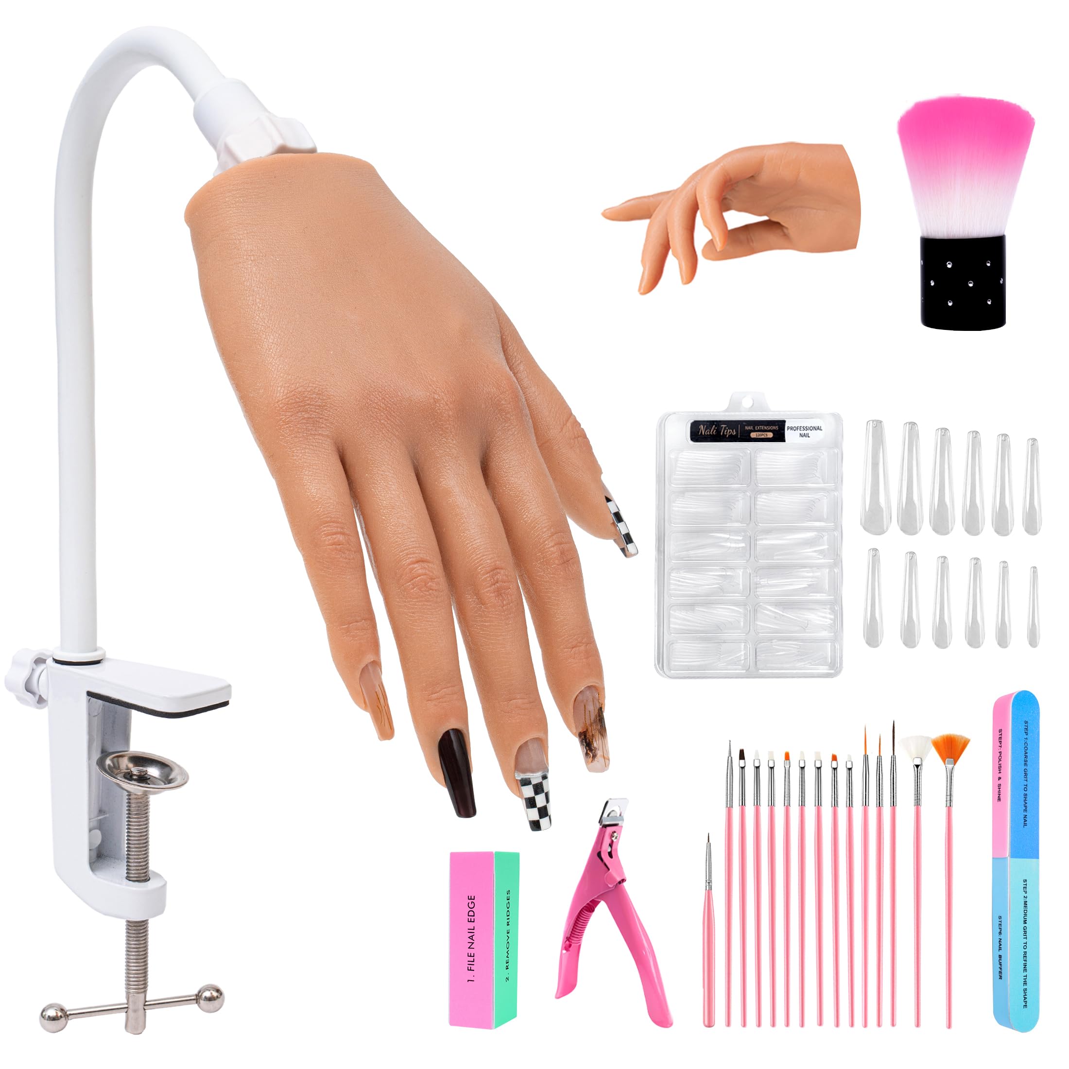 Veikmv Nail Silicone Practice Hand For Acrylic Nails Training Fake Hand Nail Art Practice Tools Hand Tattooed Nail Jewelry Showcase Supplies Manicure Beginners suits