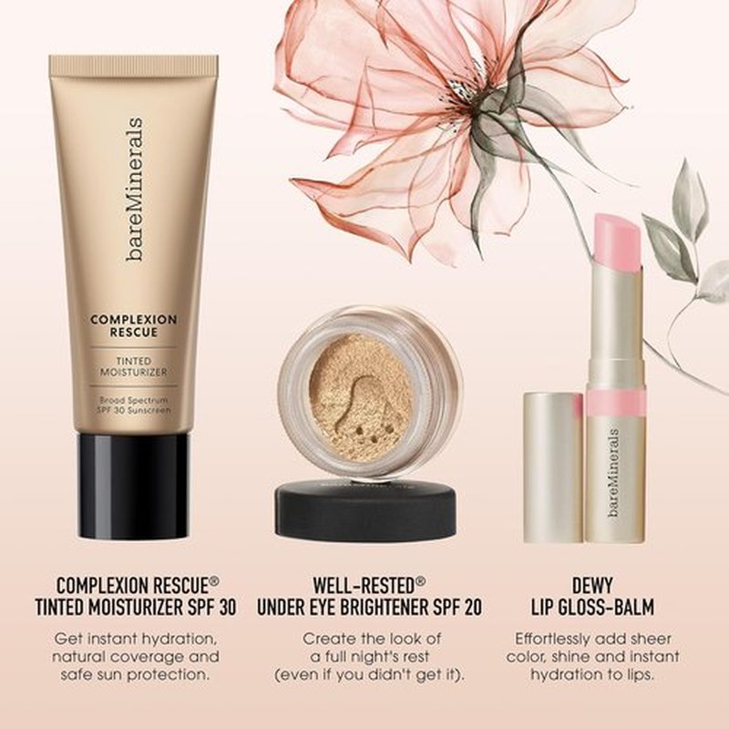 bareMinerals Clean Beauty Gift Set - 3 Full-Sized Essentials: Tinted Moisturizer SPF 30, Under-Eye Brightener & Lip Gloss-Balm
