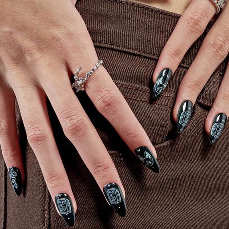GLAMERMAID Press on Nails Almond,Black Gel False Nails with Design,24 PCS Glue on Nails,Reusable Acrylic Stick on Nails Tips Manicure Set for Women,Primitive Belief