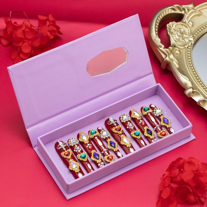 Tmani 10pc/set Extra Long Handmade Press On Nail Hot Girl's Long Ballet Nails Square Nail Full of Diamond Glitter Decoration Fake Nails Suitable For Girls Festival Parties and Birthday Gift (Red, M)
