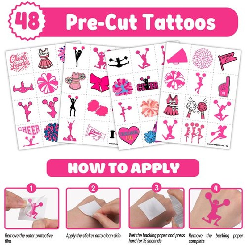 72PCS Cheerleading Party Set 48PCS Pre-cut Temporary Tattoos & 24PCS Slap Bracelets Perfect for Cheerleader Birthday Parties, Baby Showers, Classroom Rewards & Team Spirit Gifts for Girls & Boys