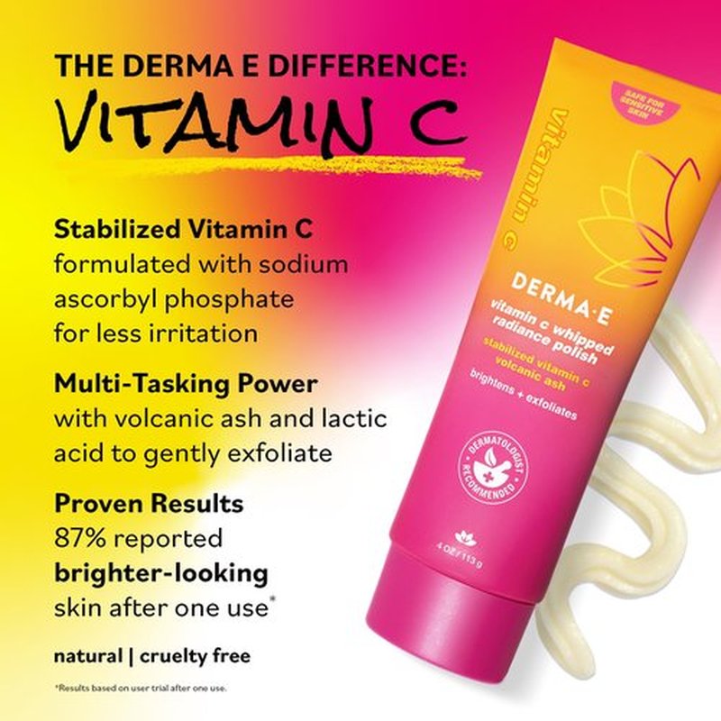 DERMA E Face Exfoliator, Vitamin C Whipped Radiance Polish, 4 Oz, Stabilized Vitamin C & Dual-Action Exfoliation to Help Brighten, Exfoliate & Protect Skin Barrier, Gentle Skin Care