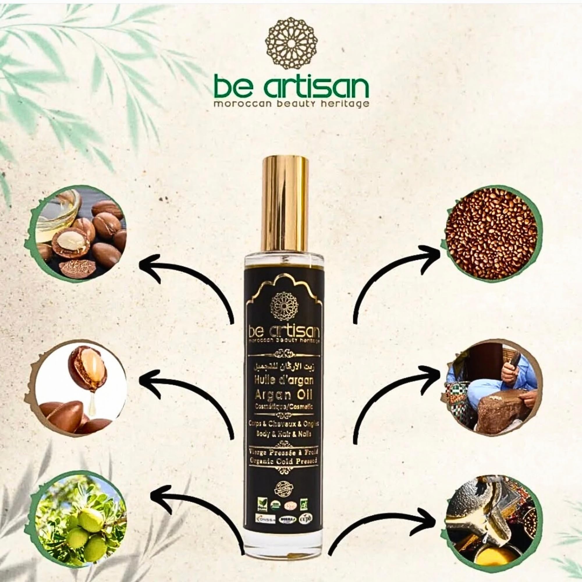 Be Artisan Organic Moroccan Argan Oil – Cold-Pressed Facial, Hair & Body Oil – Hydrating, Nourishing & Multi-Use – Vitamin E & Antioxidants – Face, Hair, Nails, beard – 50ml