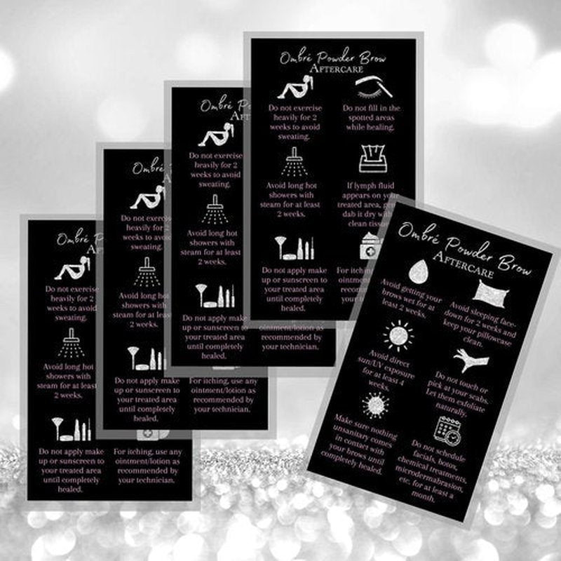 Ombre Powder Brow Aftercare Instructions Cards | Package of 50 | Size 2x3.5" inches Business Card | Black, Silver Glitter, and Light Pink Design