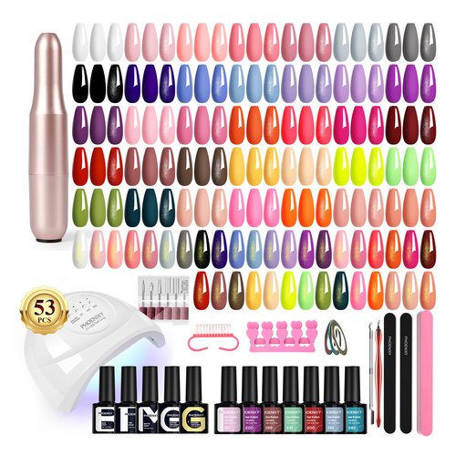 PHOENIXY 53 Pcs Gel Nail Polish Kit with U V Light Nail Drill, 35 Colors Gel Nail Kit Pink 5Pcs Glossy Matte Glitter Gold Silver Top Base Coat for DIY Home Manicure Gift Sets for Women