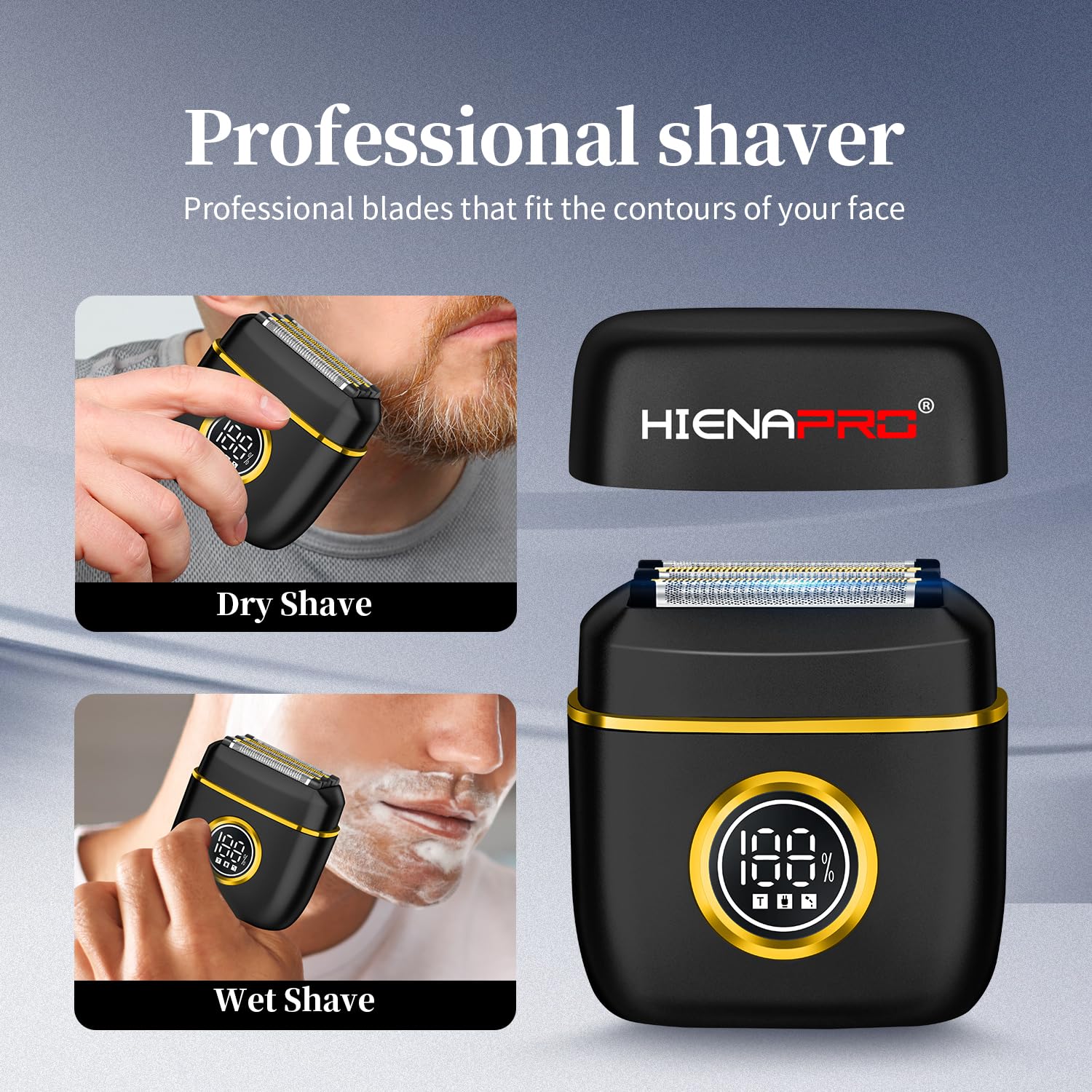 HIENA PRO Men's Electric Foil Shaver - USB-C Rechargeable, IPX7 Waterproof, Pocket-Sized with LED Display for Travel & Home (Black Gold)