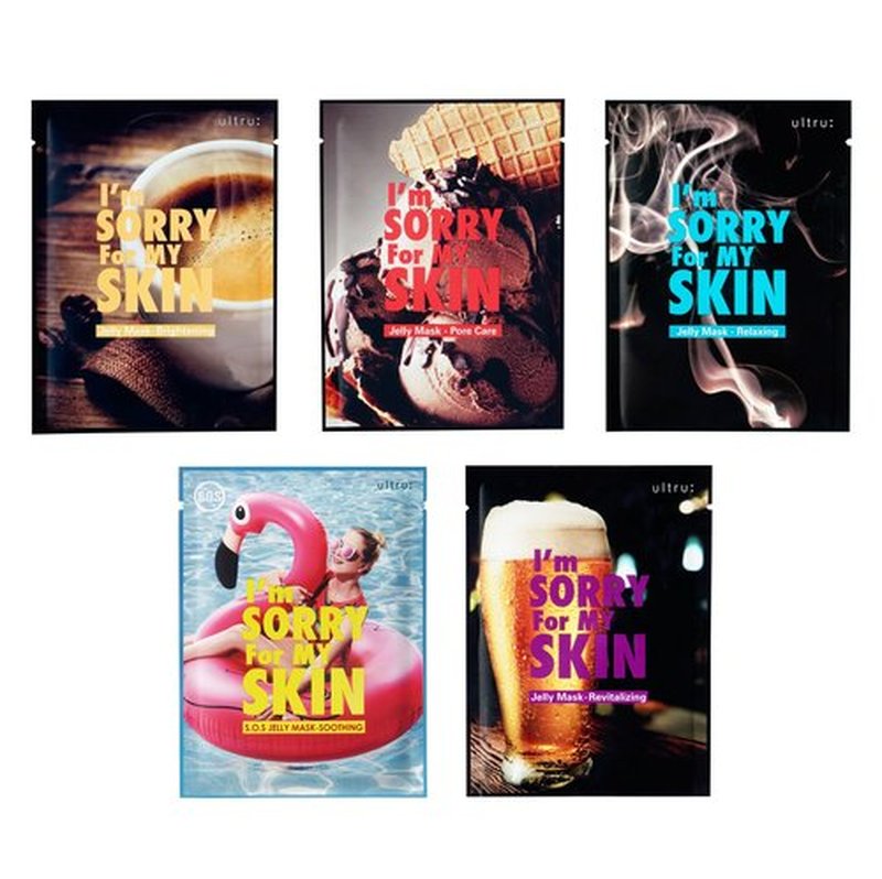 I'M SORRY FOR MY SKIN Jelly Mask Full Set for Skin Stress Relief, Korean Skin Care Travel Essentials Kit, K-Beauty Hydrating Face Mask Sheets, Gifts for Women (Pack of 5)