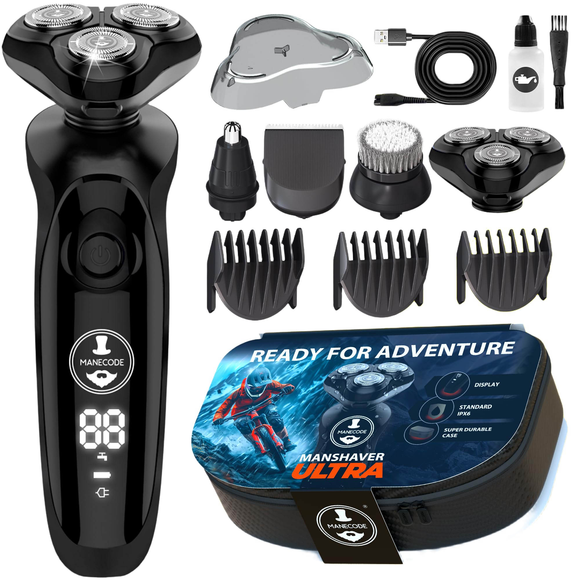 MANECODE® Electric Razor for Men - Shaver with Floating 8 Contouring Technology® and IQ Cleaning Sensor® (Travel Case)