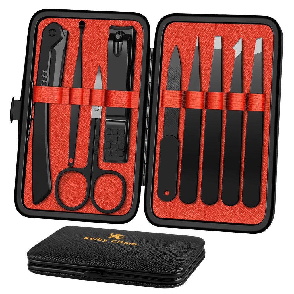 Tweezers Set and Nail Clippers 8Pcs Precision No Gaps Eyebrow Tweezer Kit for Facial Hair Men & Women Travel Tweezers with Leather Case (Black/Red)