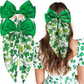 OAOLEER 2PCS St. Patrick's Day Hair Bows for Women 8 Inch Green Satin Layered Hair Clips with Long Tail French Style Hair Accessories for Girls