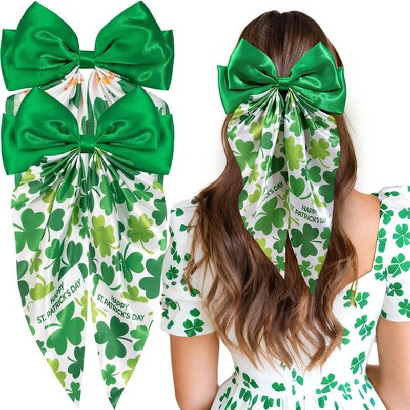 OAOLEER 2PCS St. Patrick's Day Hair Bows for Women 8 Inch Green Satin Layered Hair Clips with Long Tail French Style Hair Accessories for Girls