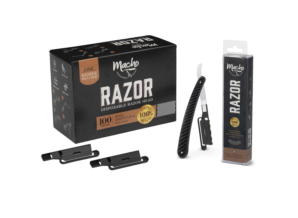 Professional Barber Aluminum Multi Use Straight Razor Handle with Disposable Razors 100 Pack Professional Straight Razor Kit for Barber, Macho by Better Barber