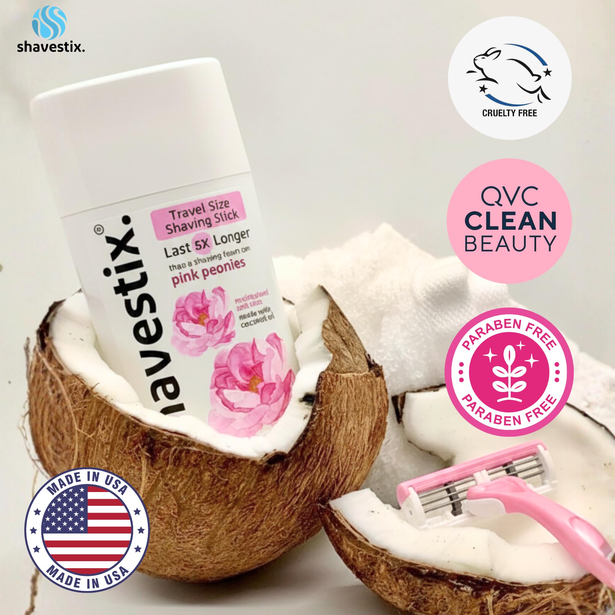 Shavestix Travel Size Shaving Stick 2.75 Oz | Pink Peonies Scented Shave Gel Bar | Moisturizing Hair Removal Cream for Women & Men | Compact Shave Cream for All Skin, Razor Type