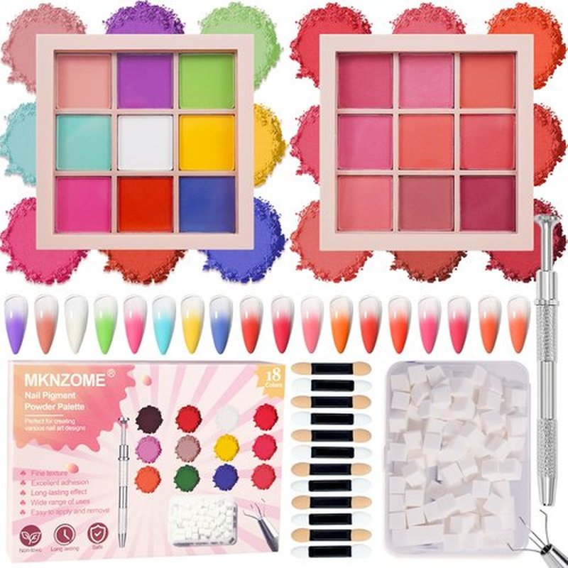 MKNZOME 18 Colors Nail Pigment Powder Palette, Pigment Powder for Nails Set and Nail Art Sponges with Grabbing Pen, Ombre Aura Pigmentos para Uñas, D+F