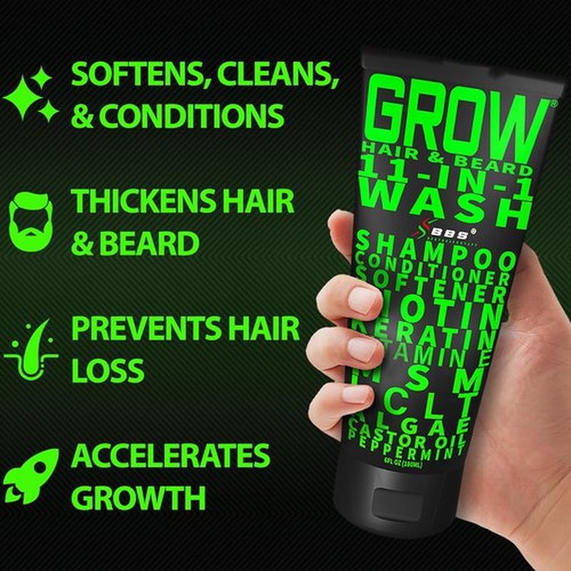 Beard Wash Shampoo & Conditioner 11-in-1 by GROW | Biotin, Castor Oil & Peppermint for Thicker Hair & Beard Growth