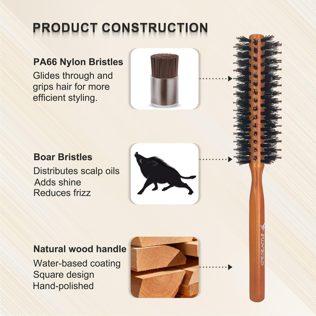 SUNBIRD Round Brush for Blow Out, Natural Wood & Boar Bristle, 1.6Inch
