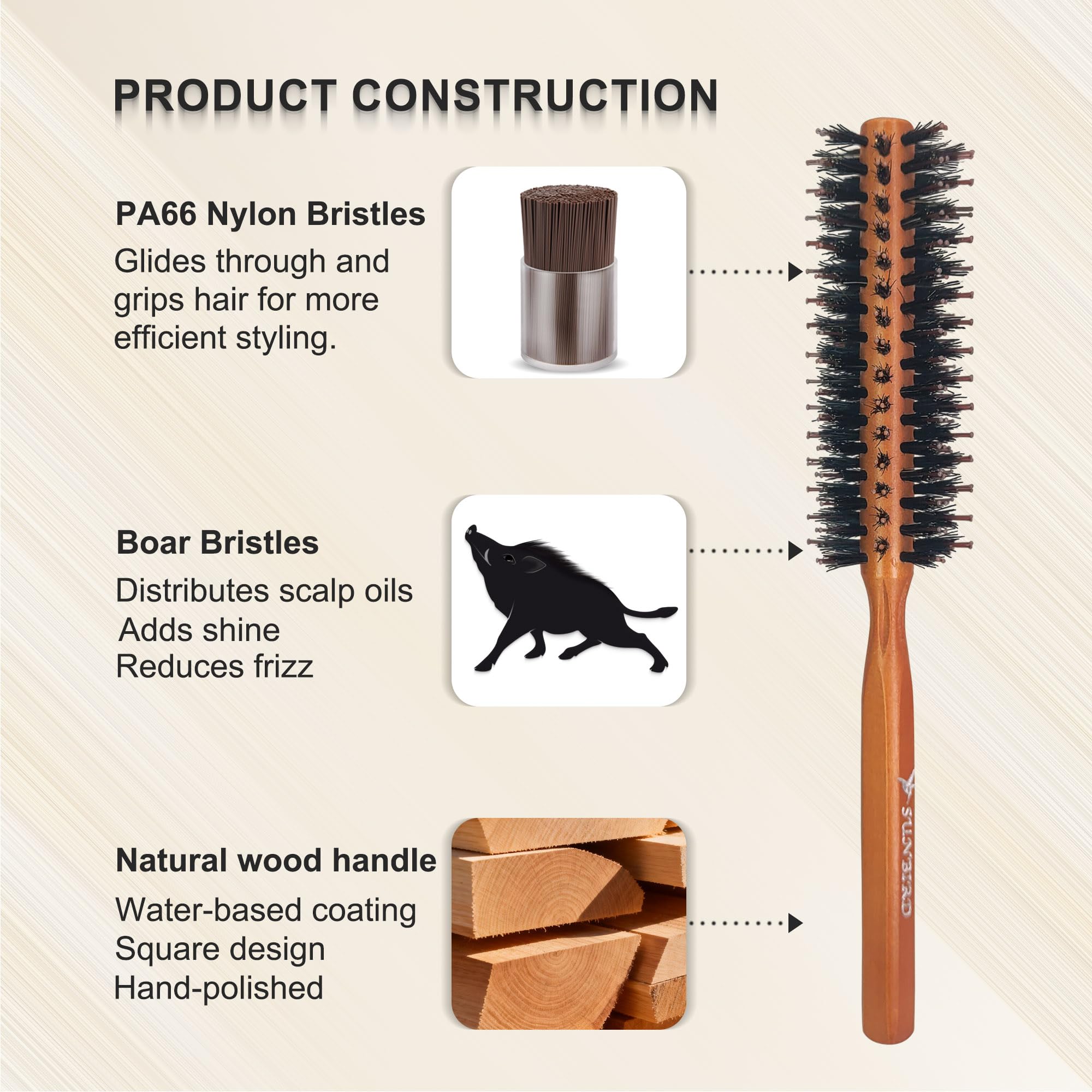 SUNBIRD Round Brush for Blow Out, Natural Wood & Boar Bristle, 1.6Inch