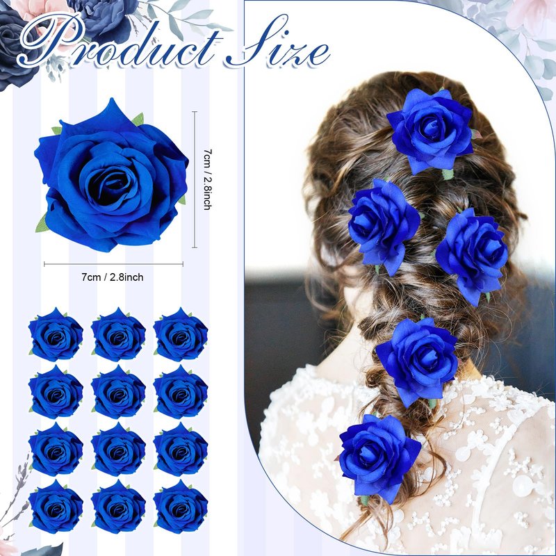 Yilloog 12 Pack Rose Hair Clip Flower 2.8'' Hairpin Floral Brooch Floral Hairclips Mexican Flowers Hairpin Party Supplies for Women Rose Hair Accessories Wedding Pack(Royal Blue)