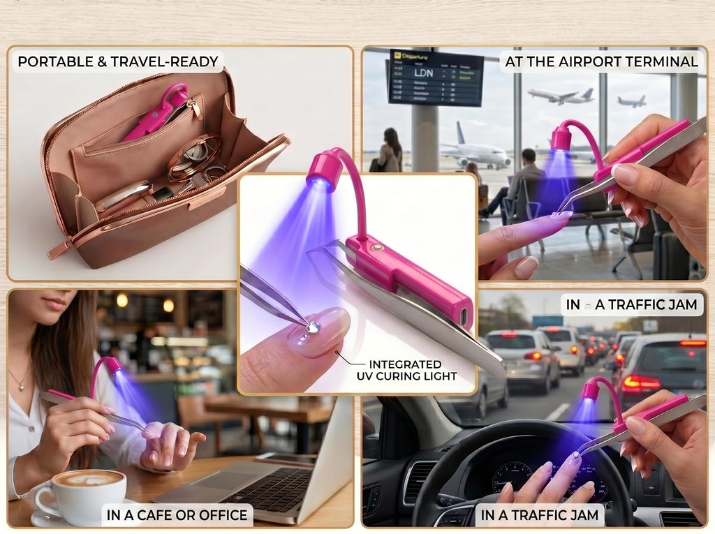 2-in-1 Mini UV Lash Light 180° Rotation Attachment for Tweezers - 1-2s Rapid Cure LED Lamp for Eyelash Extensions - Cordless, Lightweight (1 oz), Rechargeable - Eliminate Floor UV Lamps Hot Pink