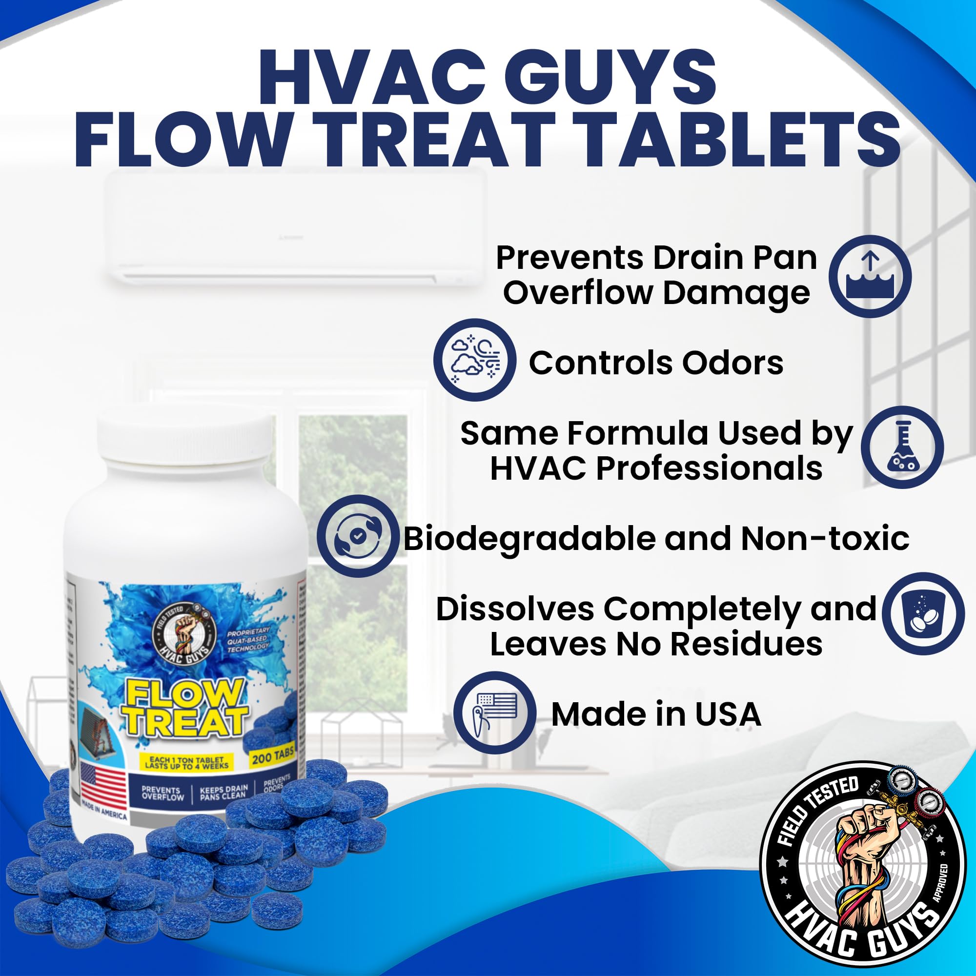 HVAC GUYS – Flow Treat Tabs - 1200 Tablets | AC Drain Line Cleaner | Prevents Odors, Keeps HVAC Drain Pan Clean, Prevents Overflow | One Tablet Lasts up to 4 Weeks