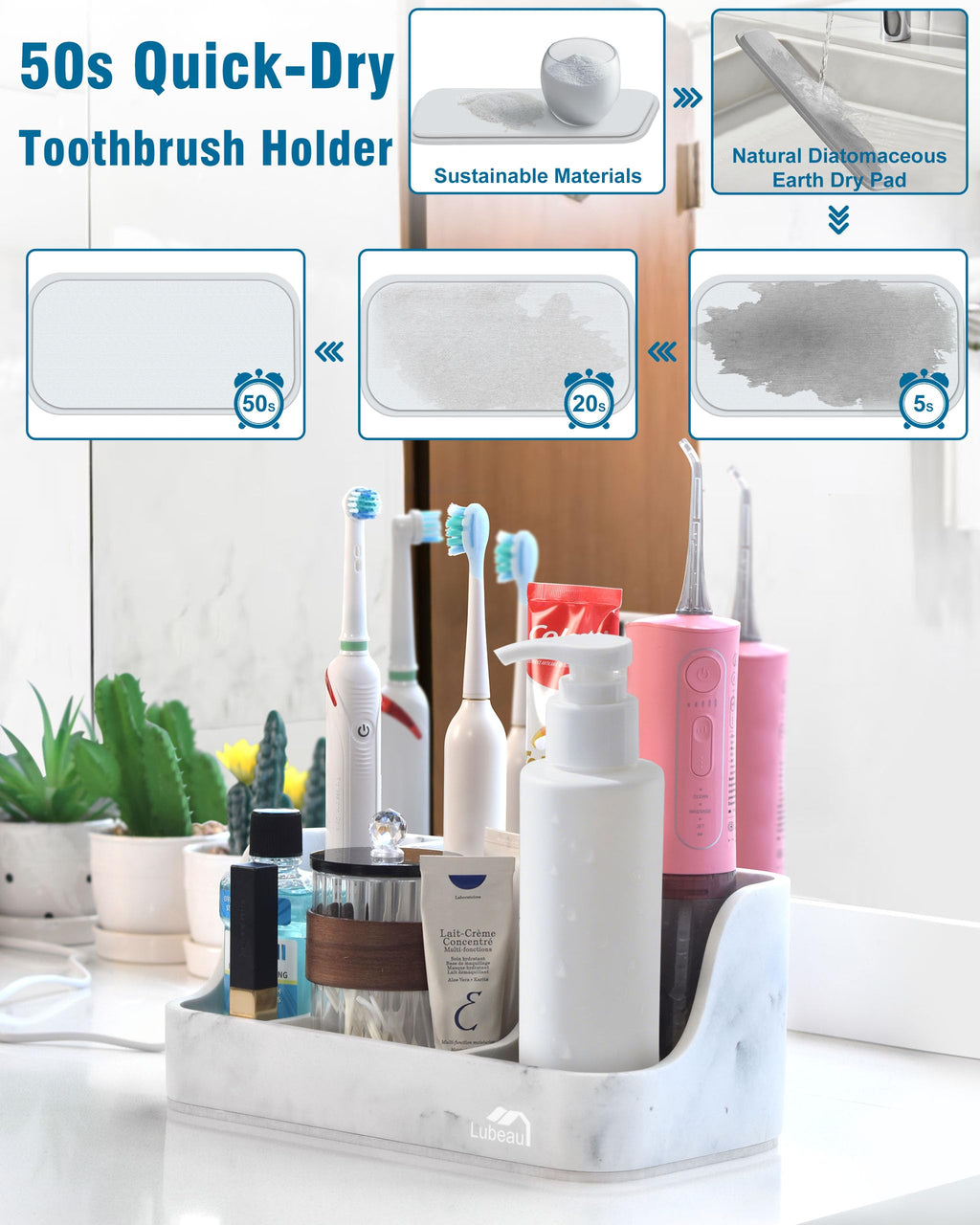 Electric Toothbrush Holder with Instant-Dry & 6 Slots | Upgrade Heavy-Duty Large Countertop Organizer with Cable Holes, Fits Most Electric & Manual Toothbrushes (Marble White)