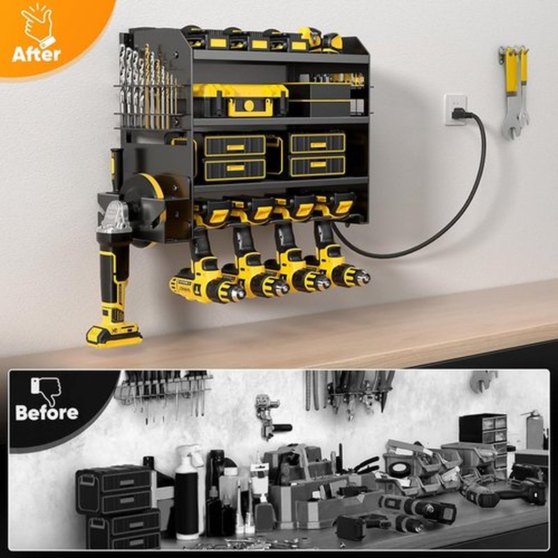 POKIPO Power Tool Organizer - Heavy Duty Wall Mount Storage Rack with Charging Station & 8 Outlet Power Strip