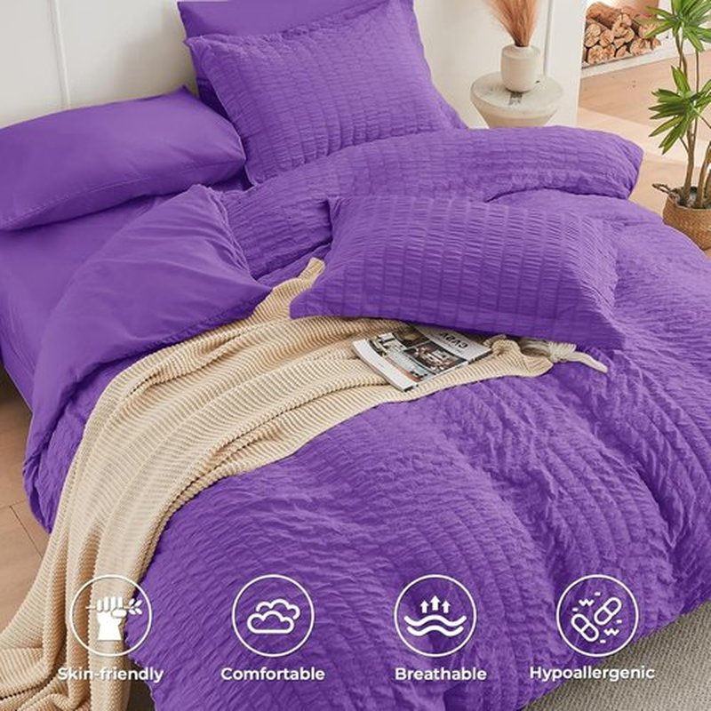 HYMOKEGE Twin Comforter Set - Luxury 5-Piece Bedding Set in Bright Purple | All-Season Seersucker Design