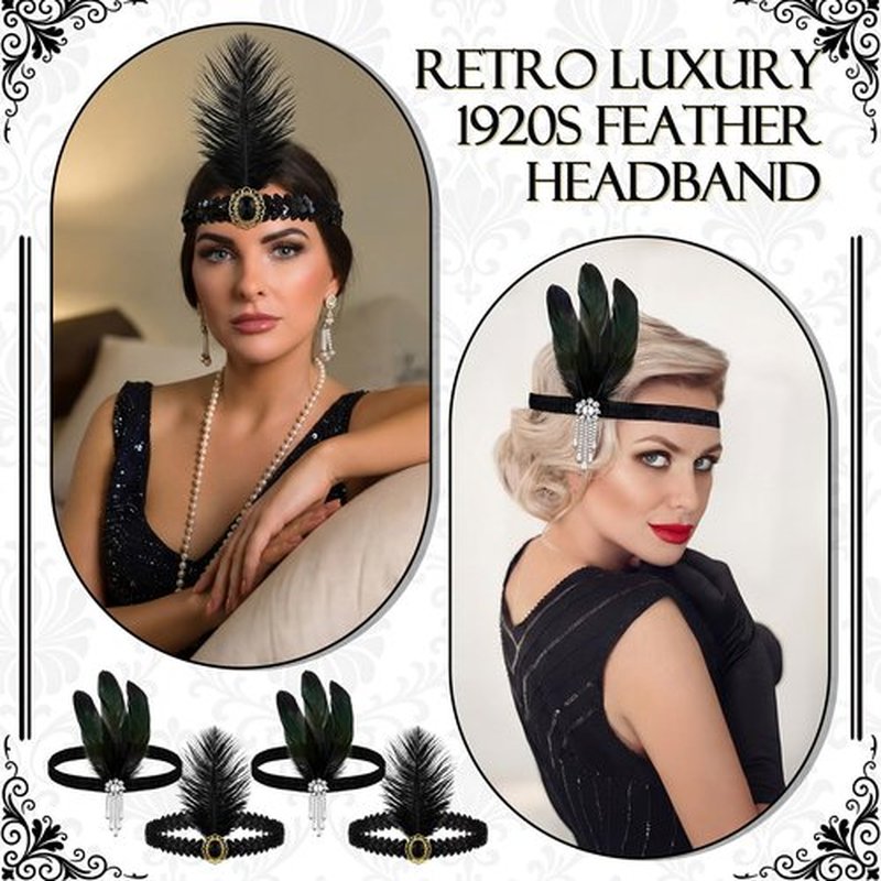 Ceenna 24 Pieces 1920s Flapper Headband Black Feather Headband Costume Flapper Headpiece 20s Rhinestone Hair Accessory for Women