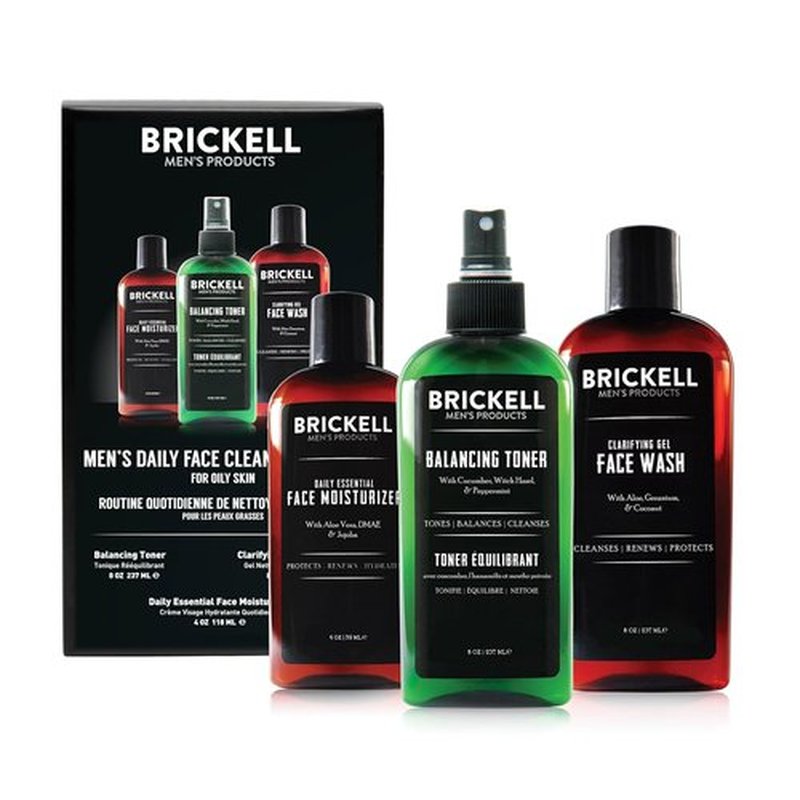 Brickell Men's Daily Face Cleanse Set - Gel Facial Wash, Alcohol-Free Toner & Moisturizer for Oily Skin