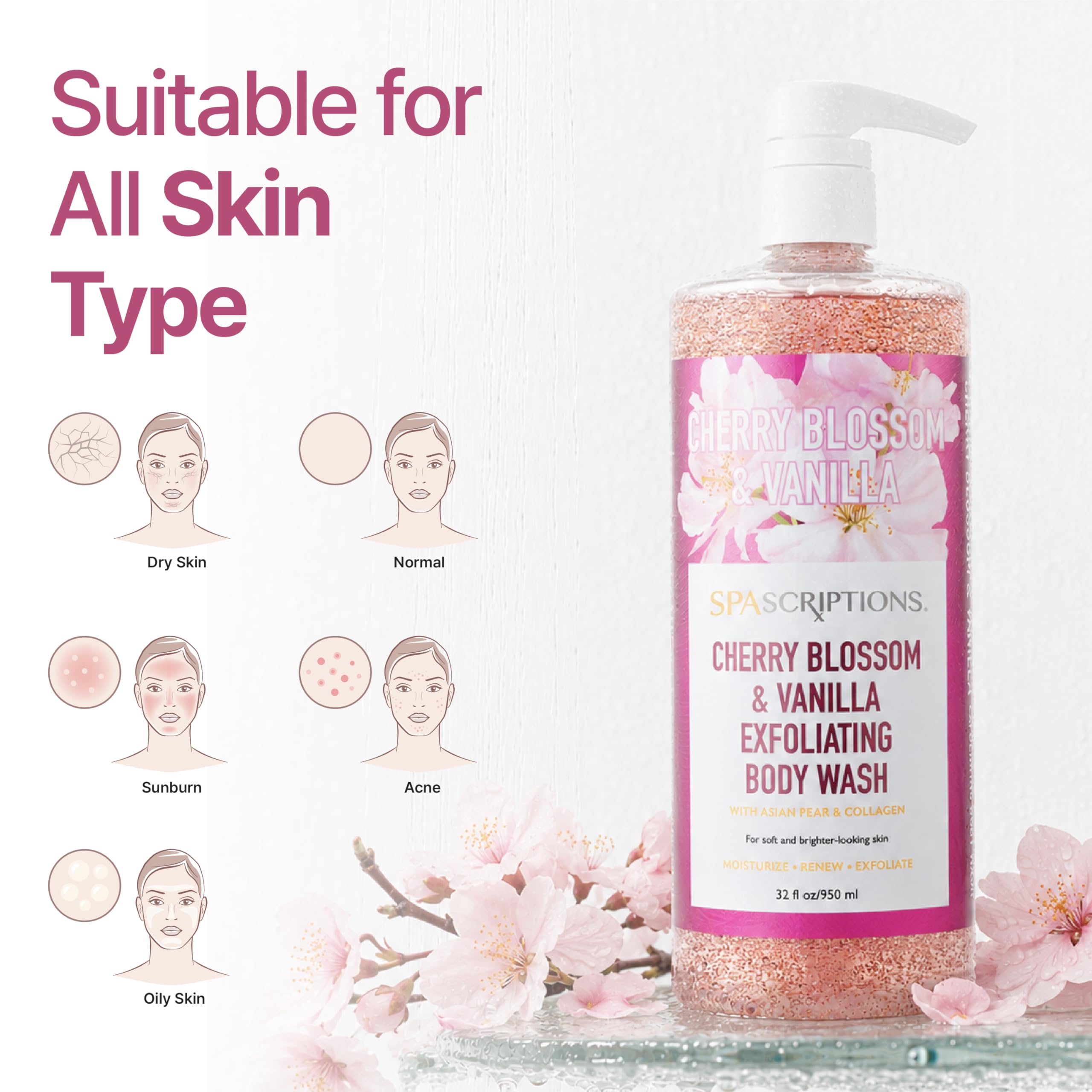 SpaScriptions Cherry Blossom & Vanilla Exfoliating Treatment Body Wash – Natural Exfoliation for Dull Skin with Asian Pear & Collagen for Radiant, Firm-Looking Skin, Hydrating Body Cleanser, 32 oz