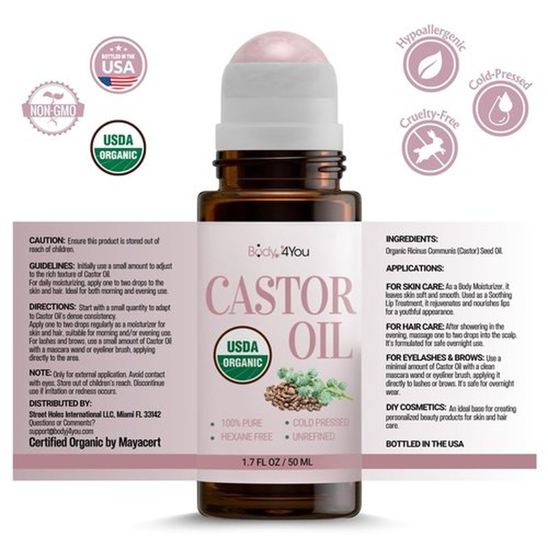 Castor Oil Roll On Eyelashes Eyebrows - 100% Pure Natural USDA Organic Cold Pressed - Hydrating Skin Hair Growth Oil Lashes - Non-GMO Hexane Free Unrefined - Natural Stone Roller Amber Glass 1.7 Fl Oz