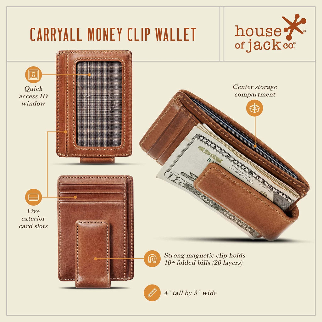 House of Jack Co. Carryall Men's Slim Money Clip Wallet, Super Strong Magnetic Clip Holds 15+ Bills, Full Grain Leather Slim Front Pocket Wallet, 9 Card Holder, Gift for Men, Tan