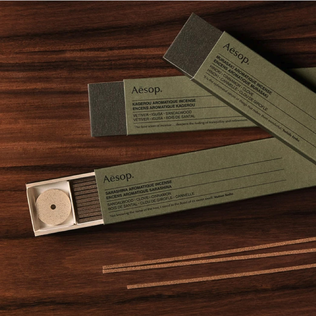 Aesop Kagerou Aromatique Incense Sticks | Earthy & Smoky Aroma of Vetiver and Sandalwood | 33 Sticks, 30-Min Burn Time | Includes Kanuma Pumice Holder | Vegan, No Synthetic Fragrance