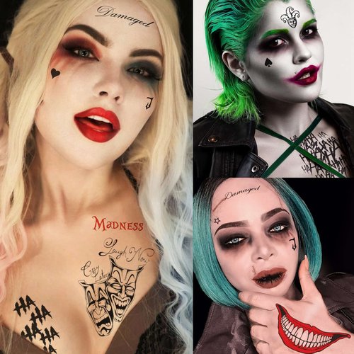GOROMON 6 Sheets The Joker Temporary Tattoos For Halloween Makeup Kit, Suicide Squad Joker Tattoos Stickers For Women Men Adults, Damaged Tattoo Joker Hand Smile Face Poker Prisoner Costume Skull Set