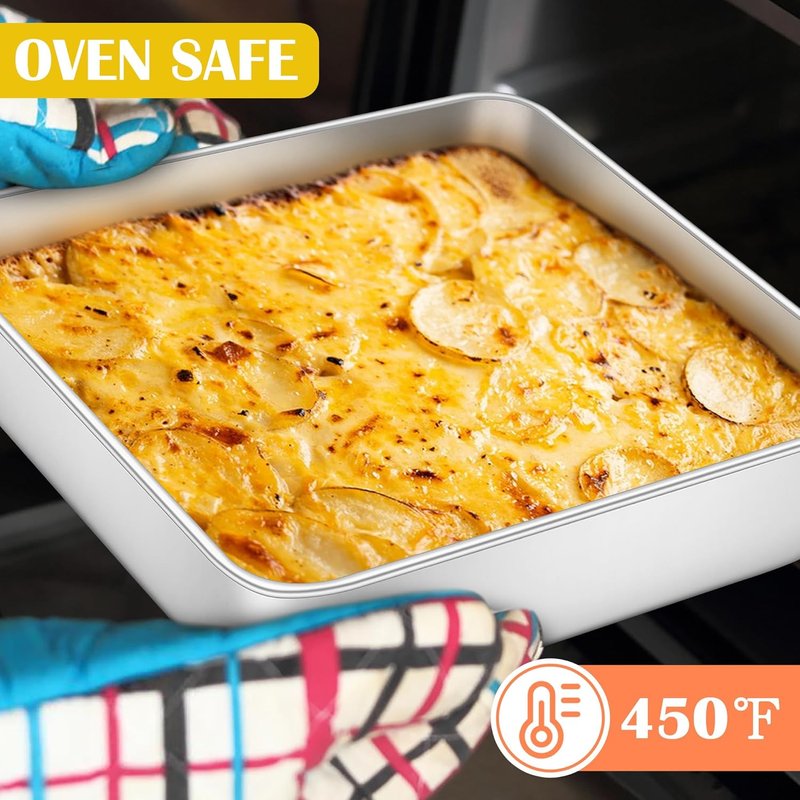 E-far Stainless Steel Square Cake Pans Set of 2 - 8x8 Inch Non-Toxic Bakeware for Lasagna & Brownies