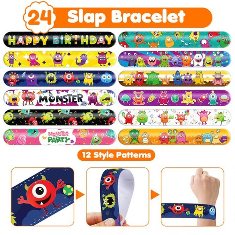 72PCS Monster Party Set - 48PCS Temporary Tattoos & 24PCS Slap Bracelets - Fun Monster-Themed Birthday Supplies, Baby Shower Gifts, Classroom Rewards & Party Decorations for Kids (Boys & Girls)