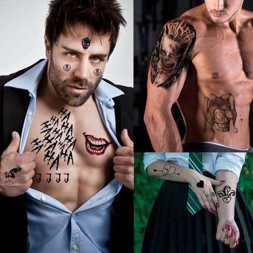 23 Sheets Halloween Joker Tattoos for Men Women Adults, Halloween Face Fake Temporary Tattoos, Halloween Snake Skull Bat Spider Scar Fake Tattoos Set for Halloween Cosplay Makeup Party Accessories