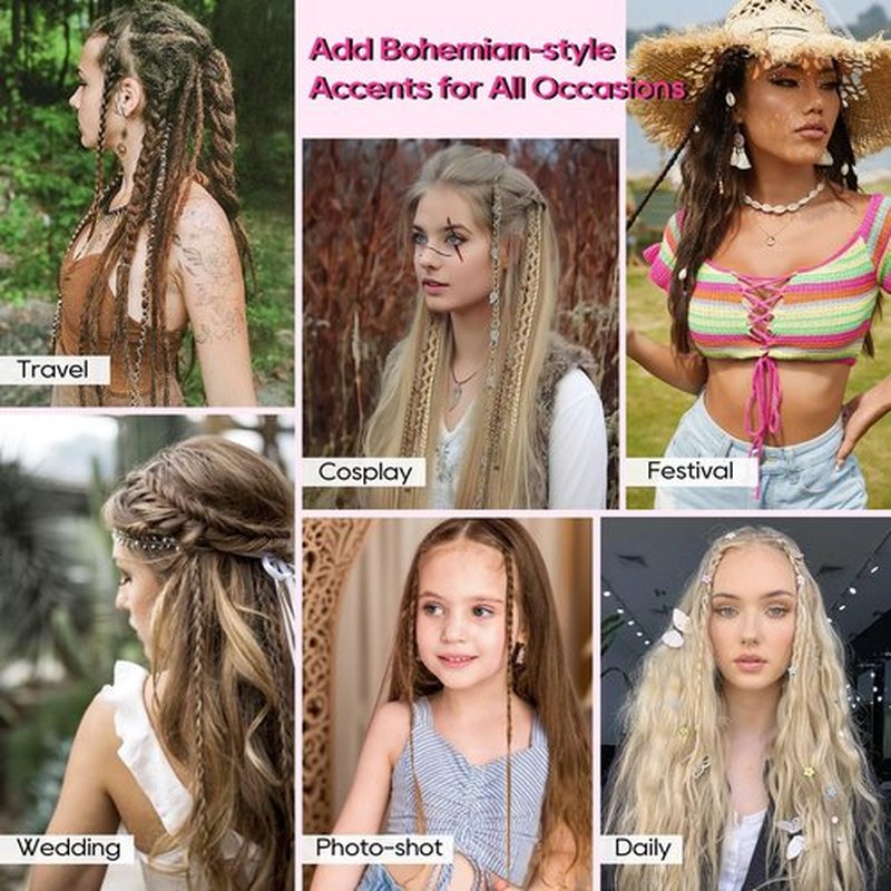 REECHO Clip in Braid Hair Extensions for Women, 16" Boho Dreadlock Clip in Braids with Beads & Charms, 2PCS Synthetic Braided Hairpieces for Cosplay Daily, Medium Blonde with Light Blonde