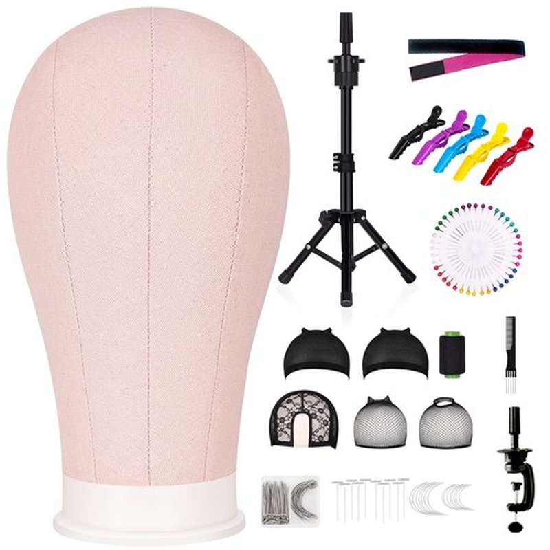 GHWMYD 22 Inch Canvas Wig Head Mannequin Head With 63in Tripod Stand, Manikin Canvas Head Set for Wigs Making Display Styling with Tripod Table Clamp Wig Caps Pins Set Hair Brush, Clips(Pink)