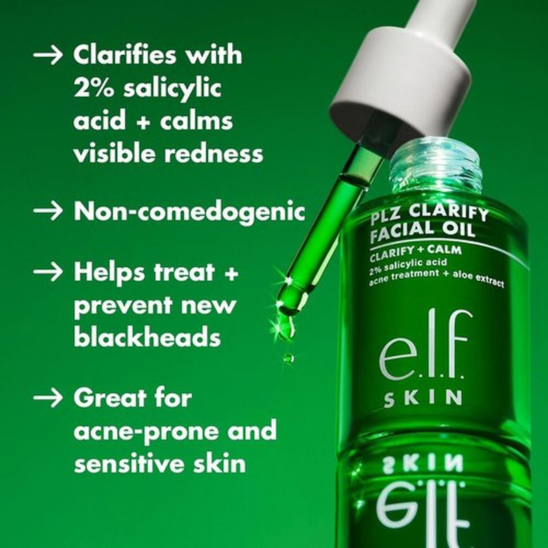 e.l.f. SKIN PLZ Clarify Facial Oil - Acne Treatment & Redness Relief with Salicylic Acid | 1 oz Vegan & Cruelty-Free