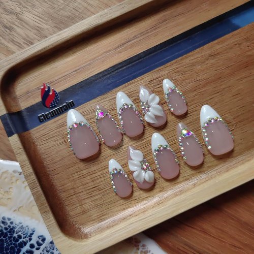 Gleamrain Handmade Press on Nails Almond Shape M Size/Gleamrain Luxury Medium Hand Made Nails with Design for Women 10Pcs by P09