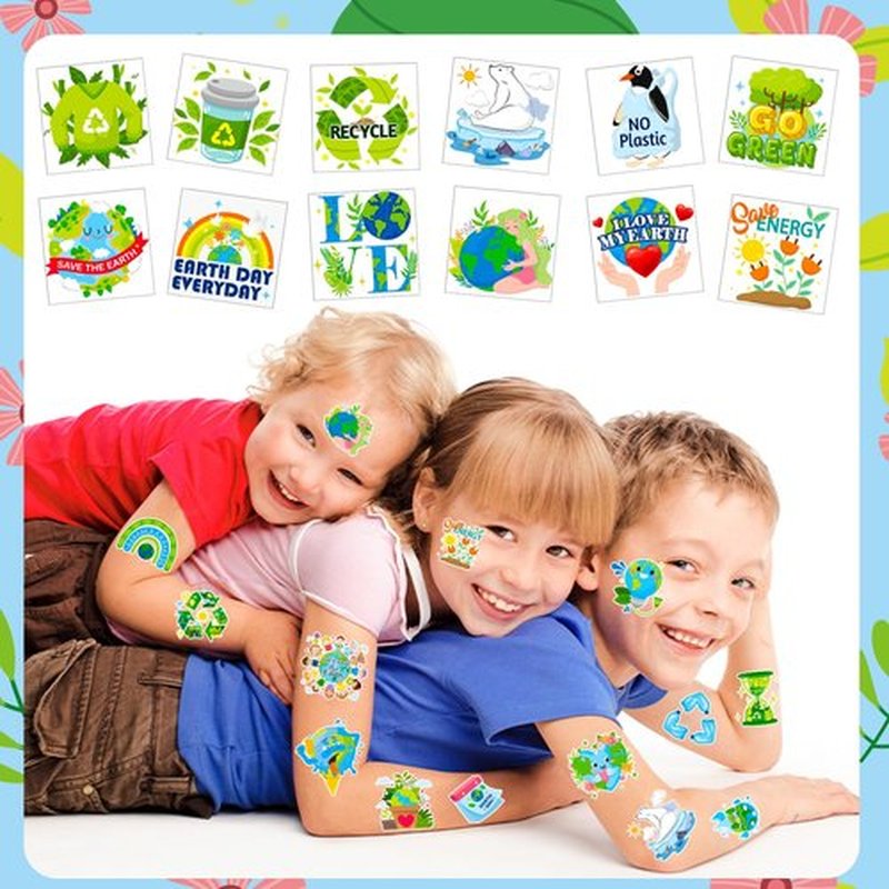 HOWAF 96pcs Earth Day Temporary Tattoos for Earth Day Decorations, Earth Day Tattoo Stickers for Kids, Earth Day Party Favors Environmental Protection Face Tattoos, Blue Green Save Earth Fake Tattoos