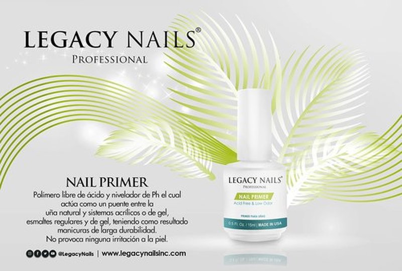 Legacy Nails Nail Primer 0.5oz/ 15ml - Low Odor, Acid-Free & pH leveling polymer. Works as a bridge between natural nails and acrylic and gel systems, gel polish, and nail lacquers.