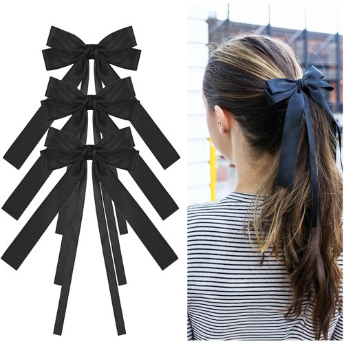 Styla 3 Piece Satin Hair Bow Clips: Metal Alligator No Slip Design, Double Long Tail Ribbons for Women & Girls - Black