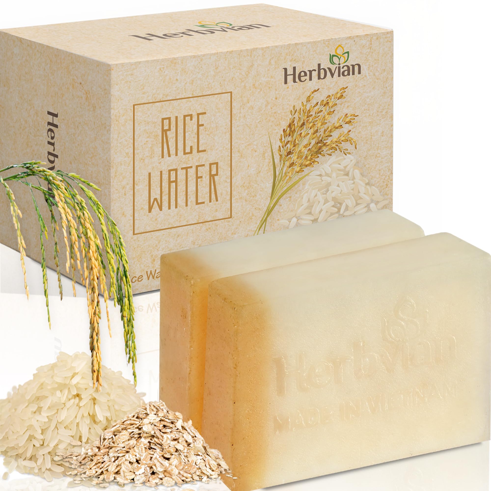 Herbvian 2 Pcs Vietnamese Rice Water Soap Bar for Face Body with Oatmeal Powder, 100% Natural Rice Milk, Gentle Moisturizing Skin Clenaser, Handmade, Soft Long Lasting